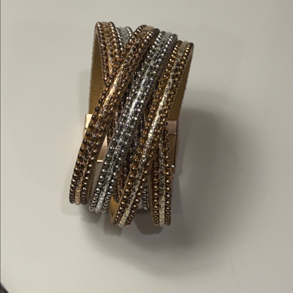 Magnetic Leather Beaded Cuff Bracelet : gold, silver, and rose gold tone.